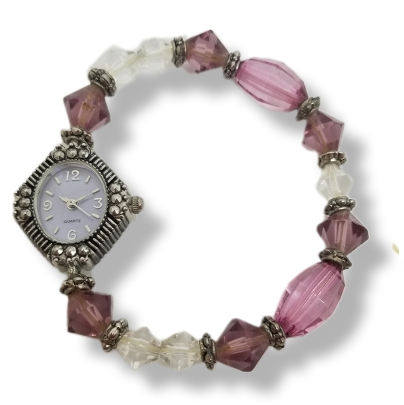 VINTAGE SILVERTONED & PURPLE /WHITE CRYSTAL BEADED LADIES WATCH - Picture 3 of 7